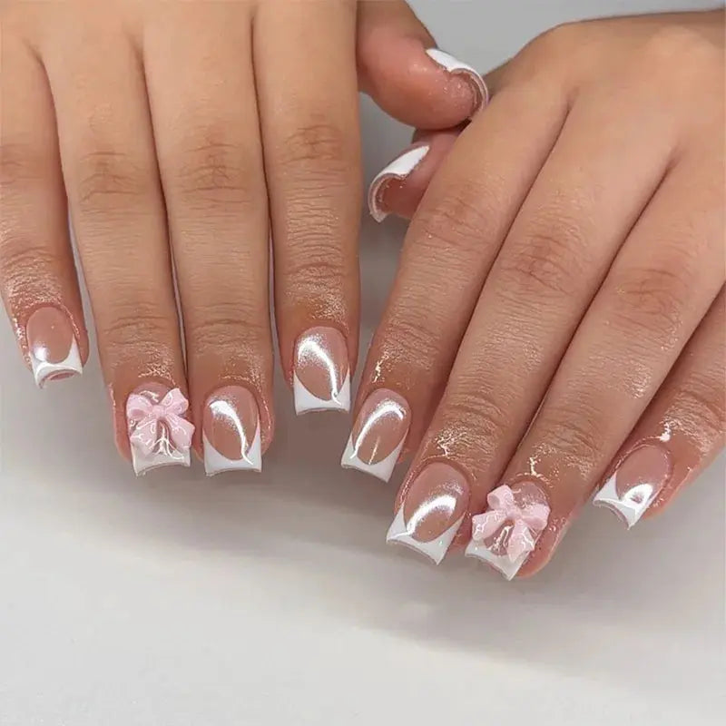 24Pcs Pink French Style Fake Nails 3D Bowknot Designs Short Square Press on Nails Sweet Korean Fashion False Nail for Women Girl Makeup art