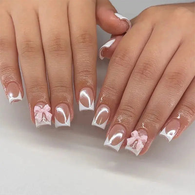 24Pcs Pink French Style Fake Nails 3D Bowknot Designs Short Square Press on Nails Sweet Korean Fashion False Nail for Women Girl Makeup art