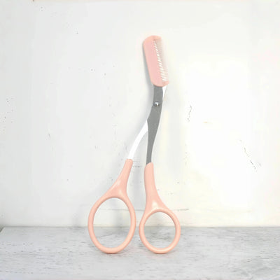 Pink eyebrow trimming scissors with built-in comb - stainless steel, precise grooming tool, creating perfect eyebrows Makeup art