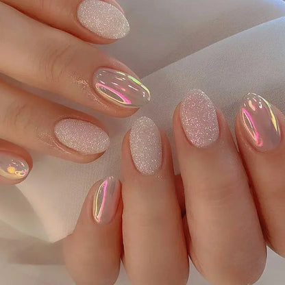 24Pcs Simple Glitter Almond False Nails with Glue Ballerina Nail Design Sweet Cool French Detachable Press on Nail Manicure Tips Makeup art