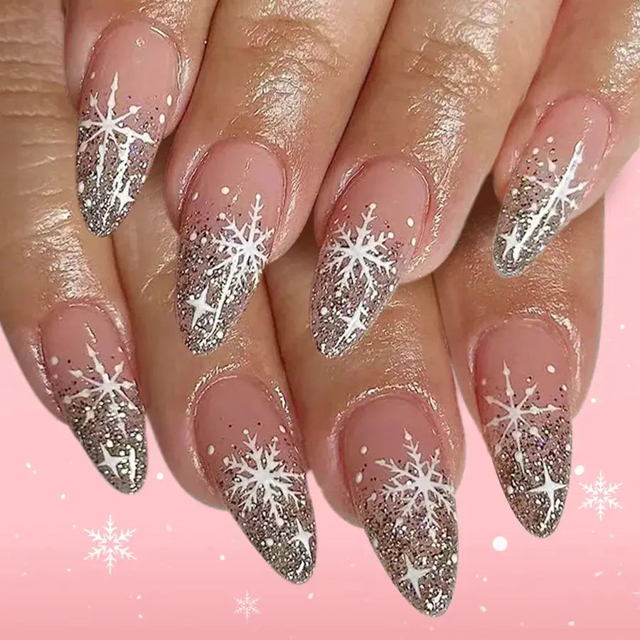 24Pcs Simple Glitter Almond False Nails with Glue Ballerina Nail Design Sweet Cool French Detachable Press on Nail Manicure Tips Makeup art