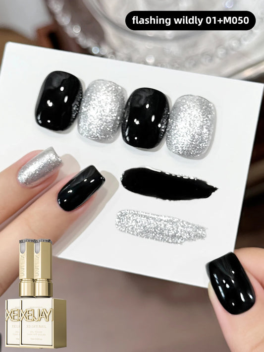 2-Color Glitter Gel Nail Polish – Sparkle & Solid Set