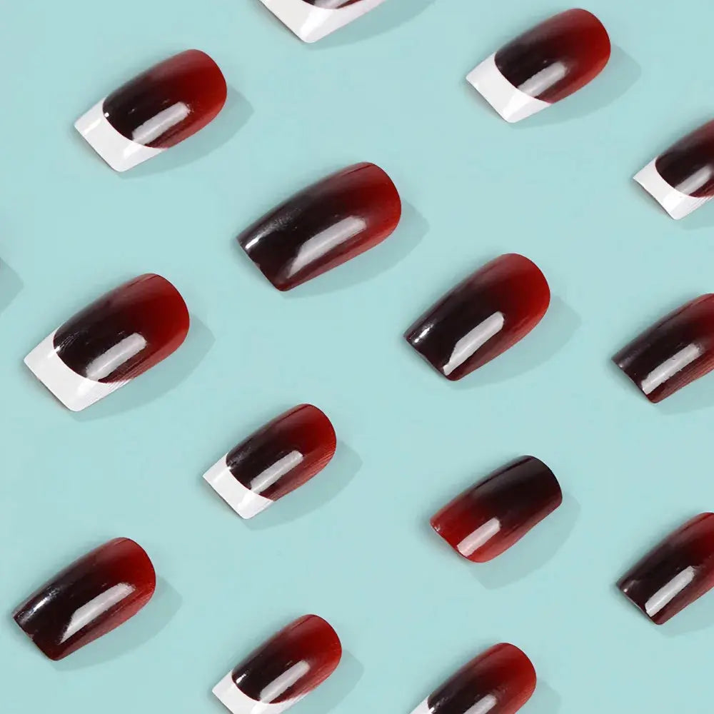 24Pcs French Fake Nails Wearable Burgundy Red Nails Simple Press on False Nails with Glue Short Square Full Cover Manicure Tip Makeup art