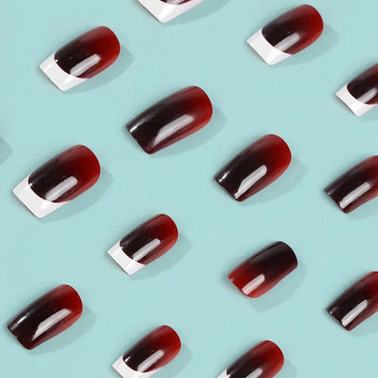 24Pcs French Fake Nails Wearable Burgundy Red Nails Simple Press on False Nails with Glue Short Square Full Cover Manicure Tip Makeup art