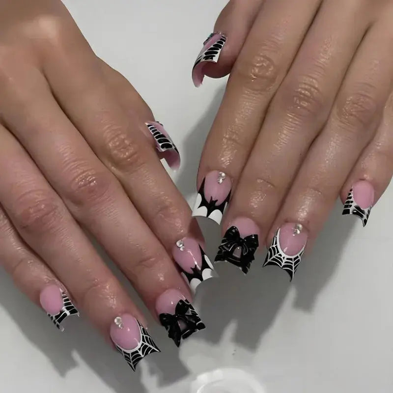 24Pcs Pink French Style Fake Nails 3D Bowknot Designs Short Square Press on Nails Sweet Korean Fashion False Nail for Women Girl Makeup art