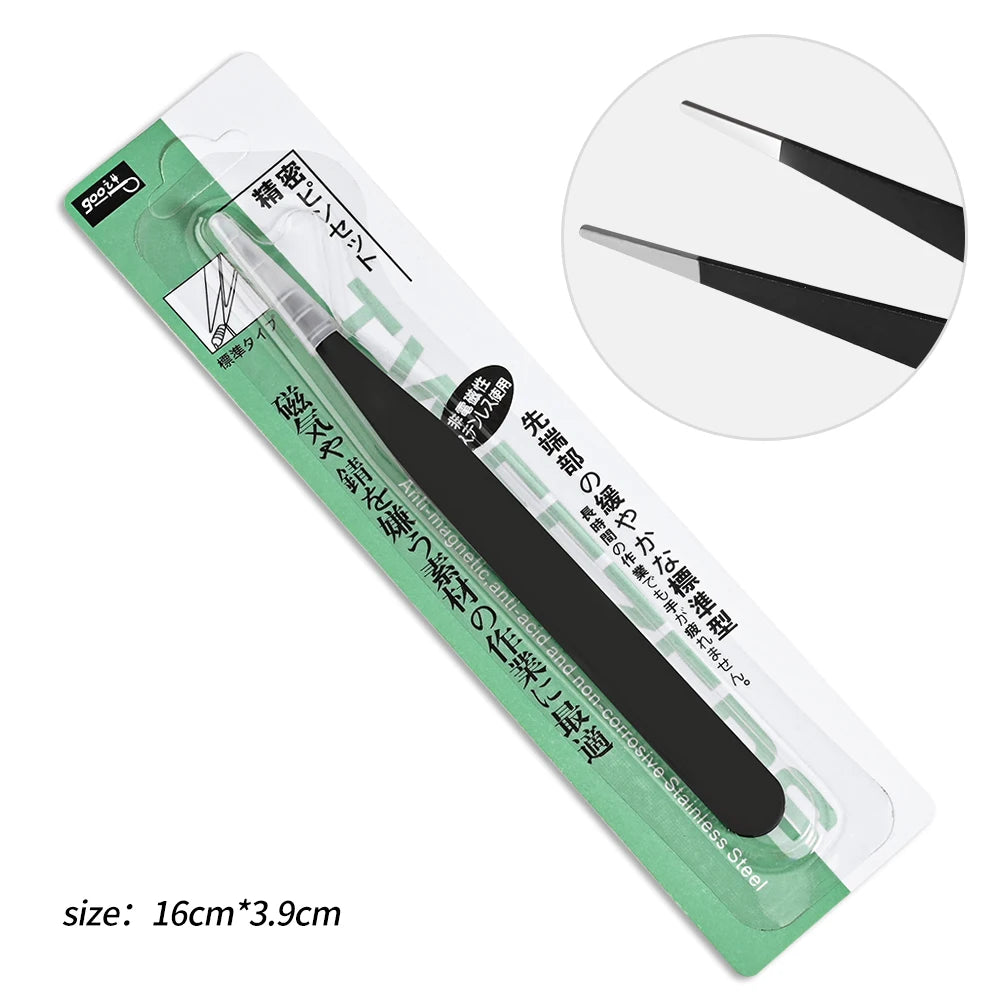 1pc Precision Tweezers – Straight, Slanted, Curved (4 Colors).