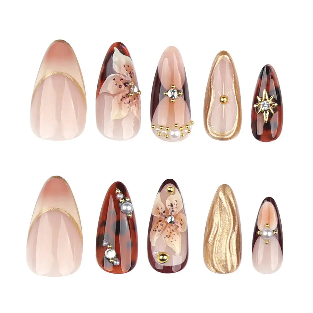 24Pcs Gold Ripple Brown Flowers False Nails with Rhinestones Pearl Design Wearable Almond False Nails Full Cover Press on Nails Makeup art