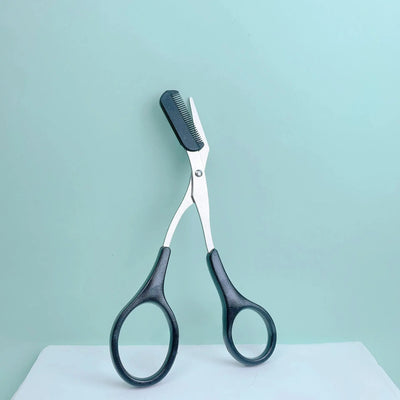 Pink eyebrow trimming scissors with built-in comb - stainless steel, precise grooming tool, creating perfect eyebrows Makeup art