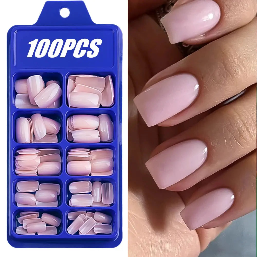 100Pcs Light Pink Press on Nails Short Medium Square Wearable Fake Nails Tips 10 sizes Full Cover False Nails Finger Decoration Makeup art