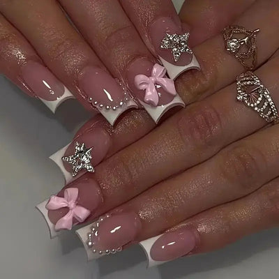 24Pcs Pink French Style Fake Nails 3D Bowknot Designs Short Square Press on Nails Sweet Korean Fashion False Nail for Women Girl Makeup art
