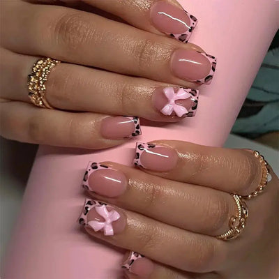 24Pcs Pink French Style Fake Nails 3D Bowknot Designs Short Square Press on Nails Sweet Korean Fashion False Nail for Women Girl Makeup art