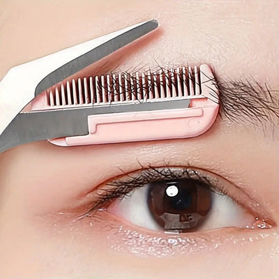 Pink eyebrow trimming scissors with built-in comb - stainless steel, precise grooming tool, creating perfect eyebrows Makeup art