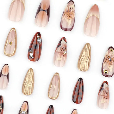 24Pcs Gold Ripple Brown Flowers False Nails with Rhinestones Pearl Design Wearable Almond False Nails Full Cover Press on Nails Makeup art