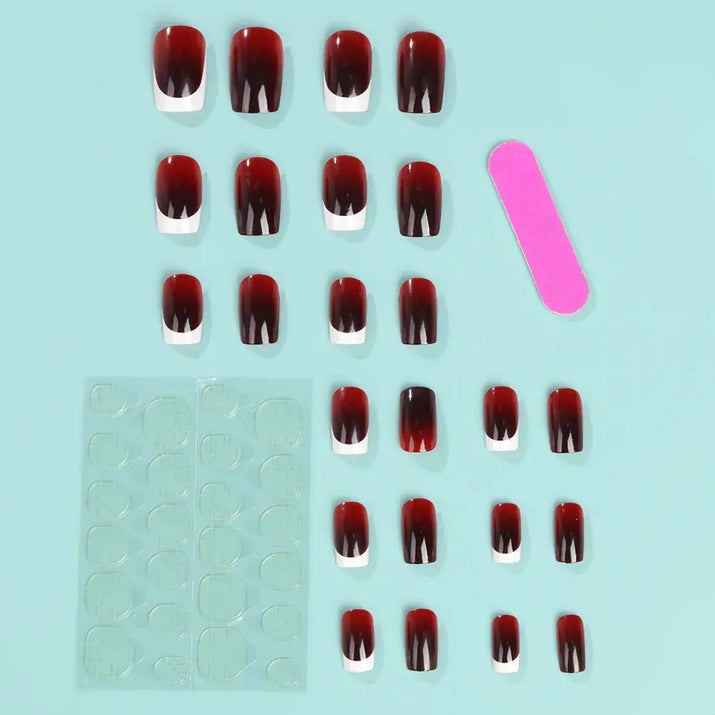 24Pcs French Fake Nails Wearable Burgundy Red Nails Simple Press on False Nails with Glue Short Square Full Cover Manicure Tip Makeup art