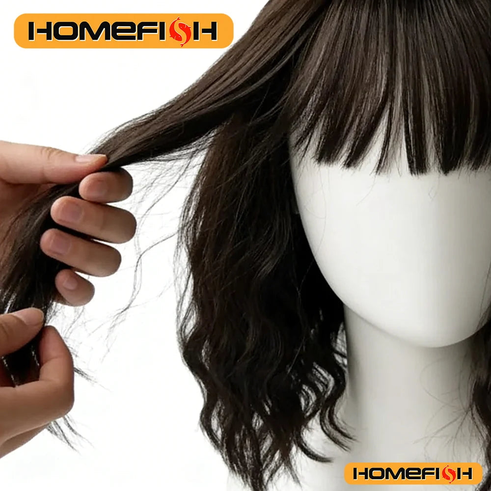 Natural Brown Wavy Bob Wig - Synthetic Curls with Bangs, Versatile Daily Hairstyle for Women Makeup art