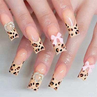 24Pcs Pink French Style Fake Nails 3D Bowknot Designs Short Square Press on Nails Sweet Korean Fashion False Nail for Women Girl Makeup art