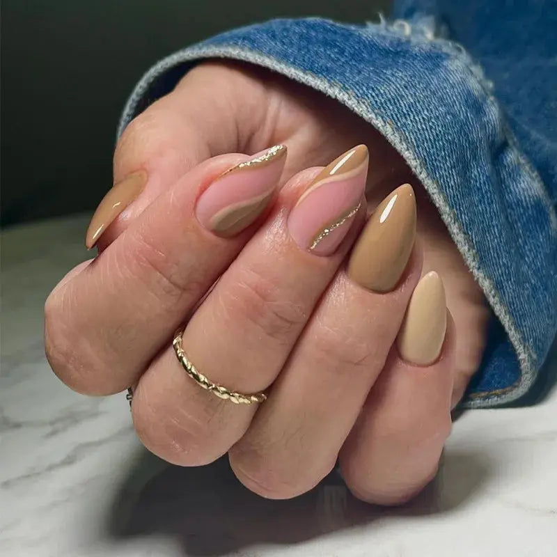 24Pcs Simple Glitter Almond False Nails with Glue Ballerina Nail Design Sweet Cool French Detachable Press on Nail Manicure Tips Makeup art