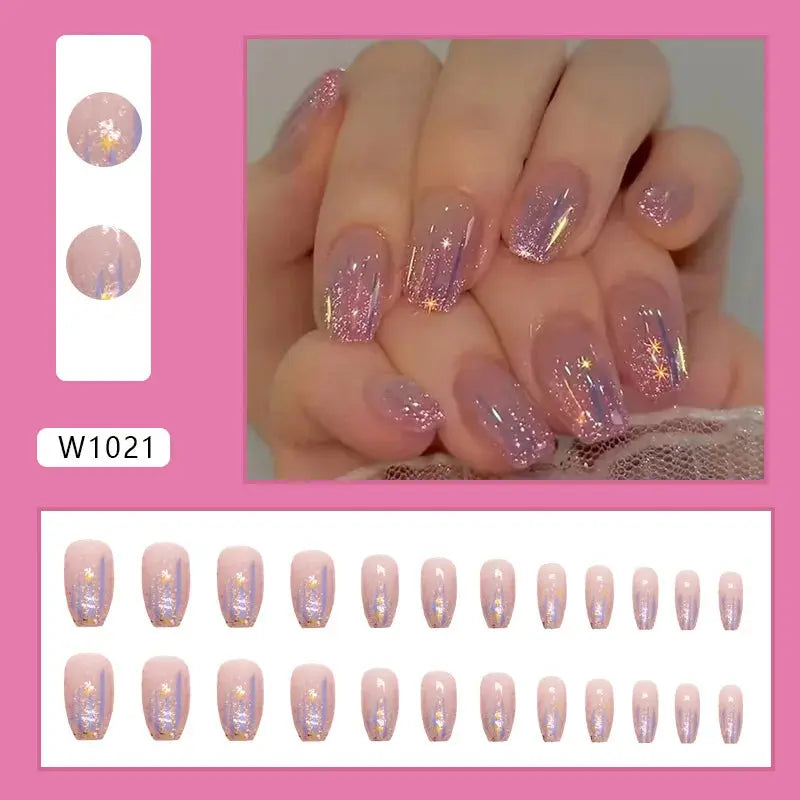 Gilt French 24 Pcs Press on Nails Pink Gradient Fake Nails Glossy Artificial Finger Manicure Reusable False Nails for Women Makeup art
