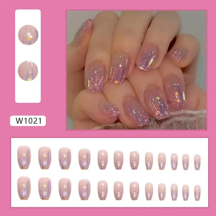 Gilt French 24 Pcs Press on Nails Pink Gradient Fake Nails Glossy Artificial Finger Manicure Reusable False Nails for Women Makeup art