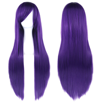 Soowee 80cm Long Synthetic Hair White Purple Cosplay Wigs Party Black Hair Straight Wig Hairpiece for Women Makeup art