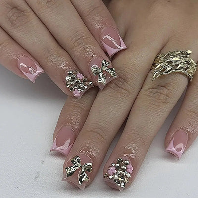 24Pcs Pink French Style Fake Nails 3D Bowknot Designs Short Square Press on Nails Sweet Korean Fashion False Nail for Women Girl Makeup art